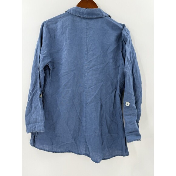 Habitat 100% Linen Blue Women's Top Mother of Pearl Buttons Swing Bottom SMALL - Picture 2 of 16